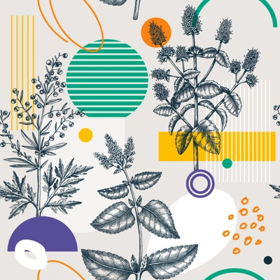 Collage-style summer background. Hand-sketched herbs seamless pattern. Trendy design with botanical sketches and geometric shapes. Elegant flowers for print, poster, fabric and wrapping paper